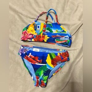 Ralph Lauren Bright Blue Floral & Boat Print Girls' Two-Piece Swim Set